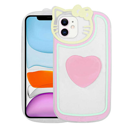 iPhone 11 Uyumlu Kedi Figürlü Transparan Pop Soketli Zore Ritmik Kılıf-Pembe