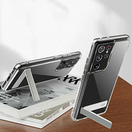 Galaxy S21 Ultra Uyumlu Standlı Şeffaf Silikon Zore L-Stand Kılıf-Renksiz