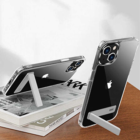 iPhone 14 Plus Uyumlu Standlı Şeffaf Silikon Zore L-Stand Kılıf-Renksiz