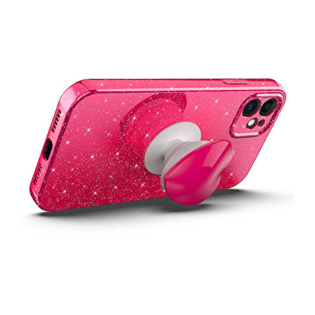 iPhone 11 Uyumlu Kamera Korumalı Simli Pop Soketli Lüks Zore Koton Soketli Kılıf-Pembe
