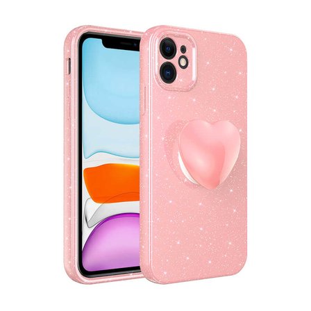 iPhone 11 Uyumlu Kamera Korumalı Simli Pop Soketli Lüks MKST Koton Soketli Kılıf-Pembe