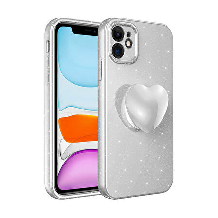 iPhone 11 Uyumlu Kamera Korumalı Simli Pop Soketli Lüks Zore Koton Soketli Kılıf-Beyaz