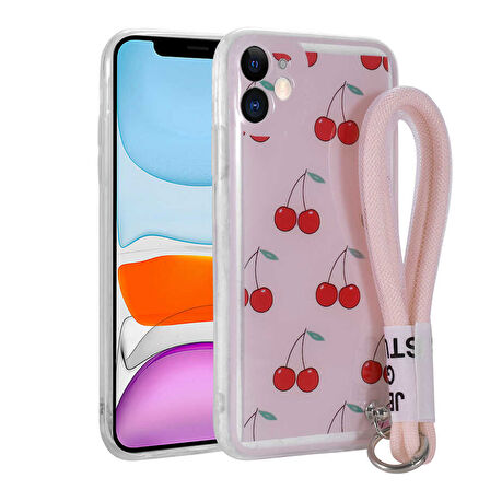 Apple iPhone 11 Kılıf Desenli El Askılı İpli Zore Astana Silikon Kapak-Kiraz