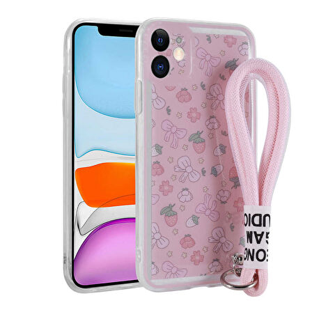 Apple iPhone 11 Kılıf Desenli El Askılı İpli Zore Astana Silikon Kapak-Çilek