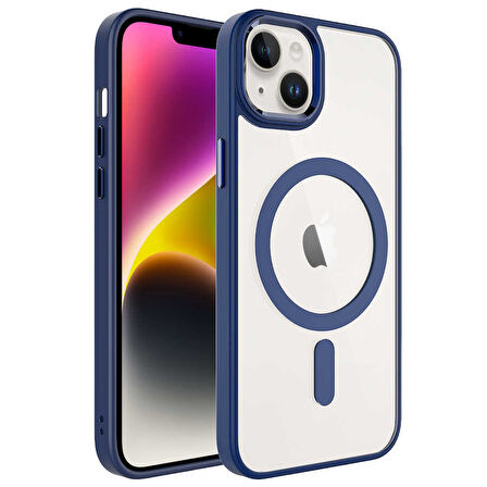 iPhone 14 Uyumlu Wireless Şarj Özellikli Zore Krom Magsafe Silikon Kılıf-Lacivert