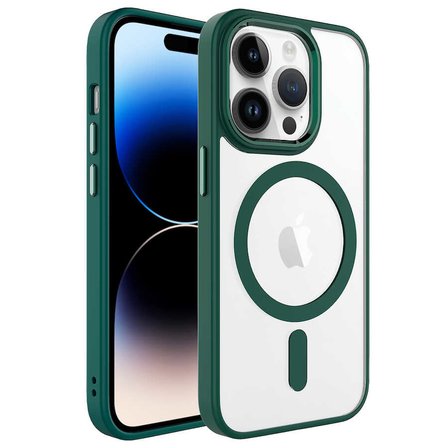 iPhone 14 Pro Max Uyumlu Wireless Şarj Özellikli MKST Krom Magsafe Silikon Kılıf-Koyu Yeşil