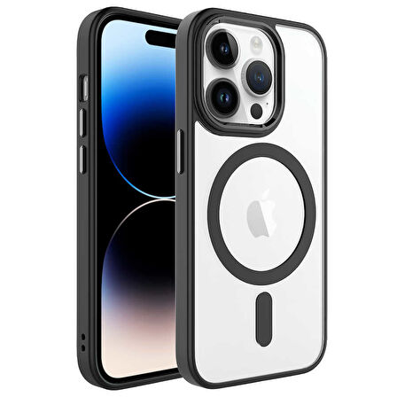 iPhone 14 Pro Uyumlu Wireless Şarj Özellikli Zore Krom Magsafe Silikon Kılıf-Siyah