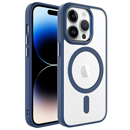 iPhone 14 Pro Uyumlu Wireless Şarj Özellikli Zore Krom Magsafe Silikon Kılıf-Lacivert