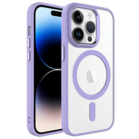 iPhone 14 Pro Uyumlu Wireless Şarj Özellikli Zore Krom Magsafe Silikon Kılıf-Lila