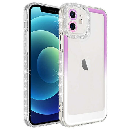 iPhone 11 Uyumlu Simli ve Renk Geçiş Tasarımlı LZore Korumalı Zore Park Kılıf-Mor-Beyaz