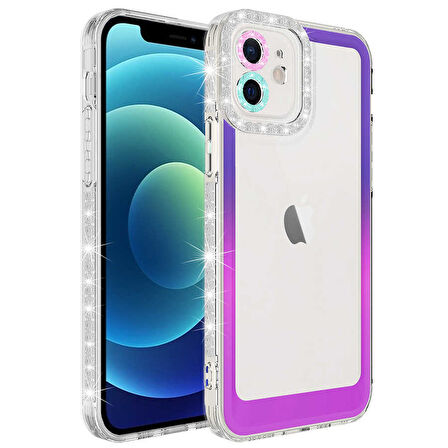 iPhone 11 Uyumlu Simli ve Renk Geçiş Tasarımlı LZore Korumalı Zore Park Kılıf-Mor-Pembe