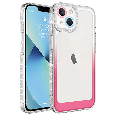 iPhone 14 Uyumlu Simli ve Renk Geçiş Tasarımlı LZore Korumalı Zore Park Kılıf-Beyaz-Pembe