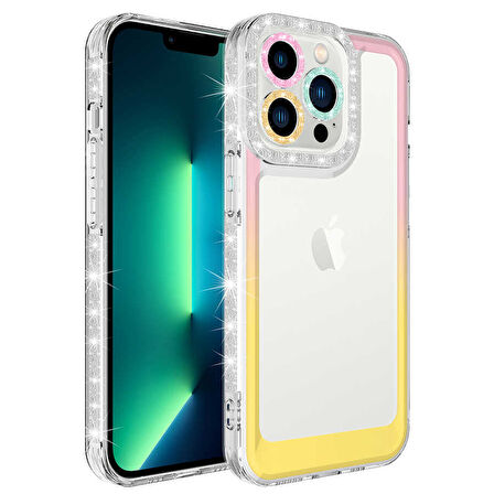 iPhone 14 Pro Max Uyumlu Simli ve Renk Geçiş Tasarımlı LZore Korumalı Zore Park Kılıf-Pembe-Sar