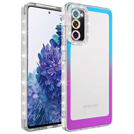 Galaxy S20 FE Uyumlu Simli ve Renk Geçiş Tasarımlı LZore Korumalı Zore Park Kılıf-Mavi-Mor