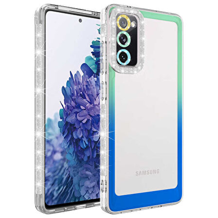 Galaxy S20 FE Uyumlu Simli ve Renk Geçiş Tasarımlı LZore Korumalı Zore Park Kılıf-Yeşil-Mavi