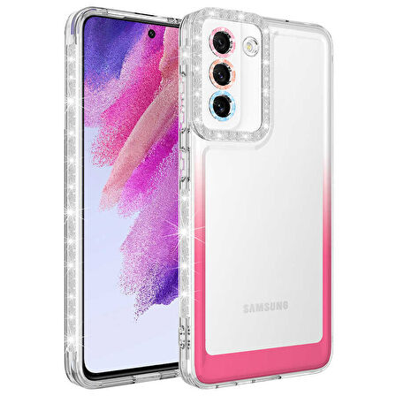 Galaxy S21 FE Uyumlu Simli ve Renk Geçiş Tasarımlı LZore Korumalı Zore Park Kılıf-Beyaz-Pembe