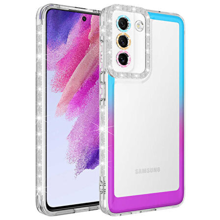 Galaxy S21 FE Uyumlu Simli ve Renk Geçiş Tasarımlı LZore Korumalı Zore Park Kılıf-Mavi-Mor