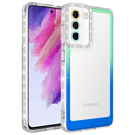 Galaxy S21 FE Uyumlu Simli ve Renk Geçiş Tasarımlı LZore Korumalı Zore Park Kılıf-Yeşil-Mavi