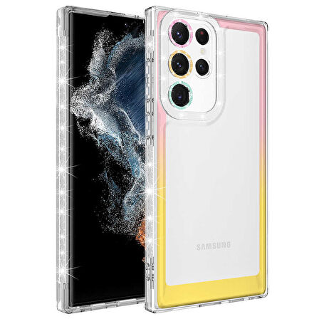 Galaxy S22 Ultra Uyumlu Simli ve Renk Geçiş Tasarımlı LZore Korumalı Zore Park Kılıf-Pembe-Sa