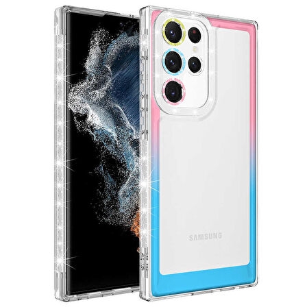 Galaxy S22 Ultra Uyumlu Simli ve Renk Geçiş Tasarımlı LZore Korumalı Zore Park Kılıf-Pembe-Ma