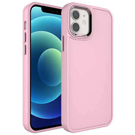 iPhone 12 Uyumlu Metal Çerçeve ve Buton Tasarımlı Sert Zore Botox Kılıf-Pembe Açık