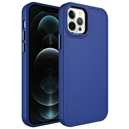 Apple iPhone 12 Pro Max Kılıf Metal Çerçeve ve Buton Tasarımlı Sert Zore Botox Kapak-Lacivert