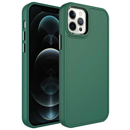 Apple iPhone 12 Pro Max Kılıf Metal Çerçeve ve Buton Tasarımlı Sert Zore Botox Kapak-Koyu Yeşil