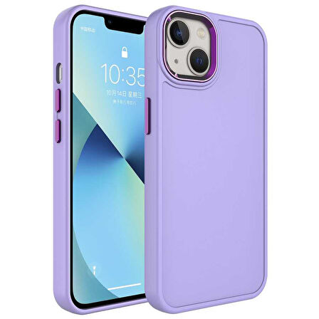 iPhone 14 Uyumlu Metal Çerçeve ve Buton Tasarımlı Sert Zore Botox Kılıf-Lila