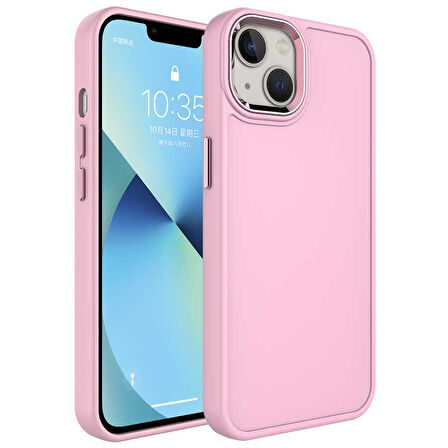 iPhone 14 Uyumlu Metal Çerçeve ve Buton Tasarımlı Sert Zore Botox Kılıf-Pembe Açık
