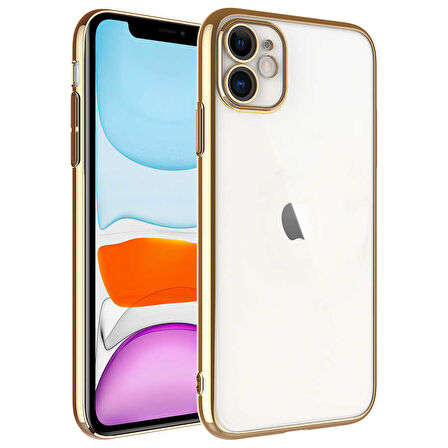 iPhone 11 Uyumlu Sert PC Renkli Çerçeveli Zore Riksos Kılıf-Gold