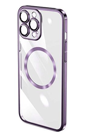 Apple iPhone 14 Pro Max Kılıf Kamera ve Lens Korumalı Magsafe Şeffaf Renkli Çerçeveli Sert PC Lüx Kapak