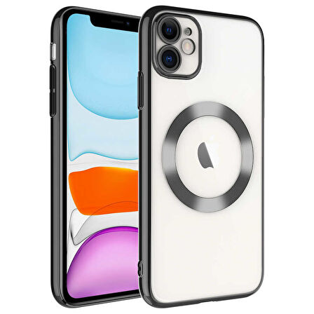 iPhone 11 Uyumlu Wireless Şarj Özellikli Sert PC Zore Riksos Magsafe Kılıf-Siyah