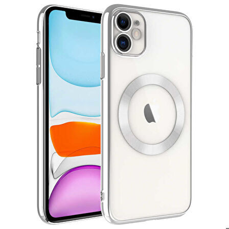 iPhone 11 Uyumlu Wireless Şarj Özellikli Sert PC Zore Riksos Magsafe Kapak-Gümüş