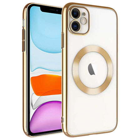 iPhone 11 Uyumlu Wireless Şarj Özellikli Sert PC Zore Riksos Magsafe Kılıf-Gold