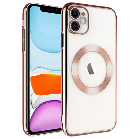 iPhone 11 Uyumlu Wireless Şarj Özellikli Sert PC Zore Riksos Magsafe Kılıf-Rose Gold