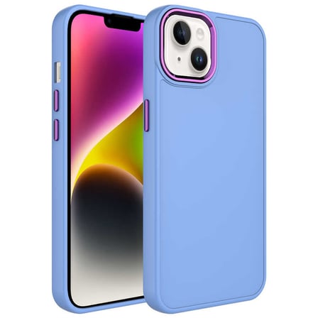 iPhone 14 Uyumlu Metal Çerçeve ve Buton Tasarımlı Silikon NRTK Luna Kılıf-Lila