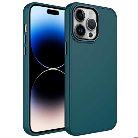 iPhone 14 Pro Uyumlu Metal Çerçeve ve Buton Tasarımlı Silikon Zore Luna Kapak-Koyu Yeşil
