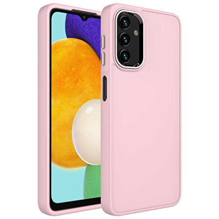 Galaxy A13 4G Uyumlu Metal Çerçeve ve Buton Tasarımlı Silikon Zore Luna Kapak-Pembe
