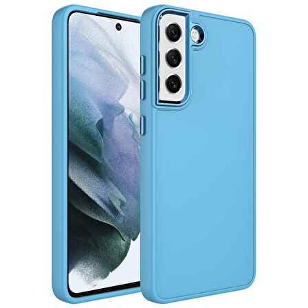 Galaxy S21 FE Uyumlu Metal Çerçeve ve Buton Tasarımlı Silikon Zore Luna Kılıf-Sierra Mavi