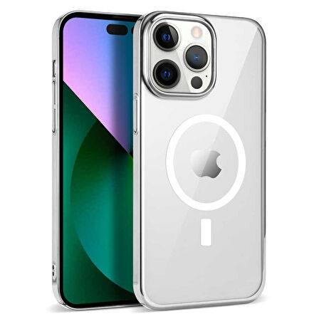 iPhone 14 Pro Uyumlu Zore Wireless Şarj Özellikli Pixel Magsafe Kılıf-Gümüş