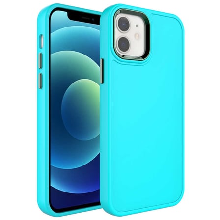 iPhone 12 Uyumlu Metal Çerçeve ve Buton Tasarımlı Sert NRTK Botox Kılıf-Turkuaz