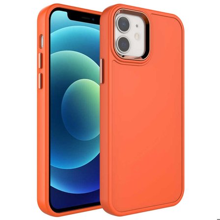 iPhone 12 Uyumlu Metal Çerçeve ve Buton Tasarımlı Sert Zore Botox Kapak-Turuncu