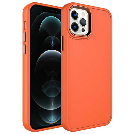 iPhone 12 Pro Uyumlu Metal Çerçeve ve Buton Tasarımlı Sert Zore Botox Kılıf-Turuncu