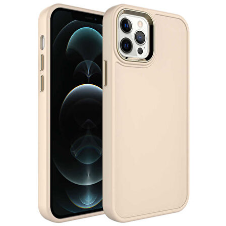 iPhone 12 Pro Max Uyumlu Metal Çerçeve ve Buton Tasarımlı Sert Zore Botox Kılıf-Krem