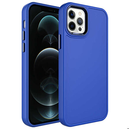iPhone 12 Pro Max Uyumlu Metal Çerçeve ve Buton Tasarımlı Sert Zore Botox Kapak-Saks Mavi