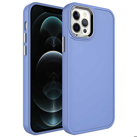 iPhone 12 Pro Max Uyumlu Metal Çerçeve ve Buton Tasarımlı Sert Zore Botox Kapak-Lavendery Gray