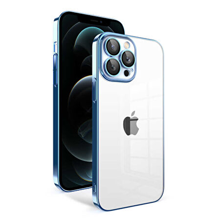 iPhone 12 Pro Max Uyumlu Kamera Korumalı Renkli Çerçeveli Zore Garaj Kılıf-Mavi Açık