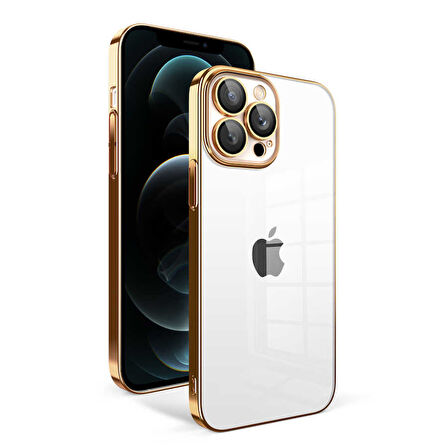 iPhone 12 Pro Max Uyumlu Kamera Korumalı Renkli Çerçeveli Zore Garaj Kılıf-Gold