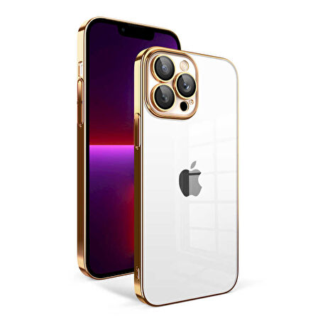 iPhone 13 Pro Uyumlu Kamera Korumalı Renkli Çerçeveli Zore Garaj Kılıf-Gold