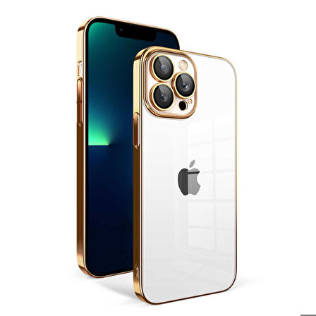 iPhone 13 Pro Max Uyumlu Kamera Korumalı Renkli Çerçeveli Zore Garaj Kapak-Gold